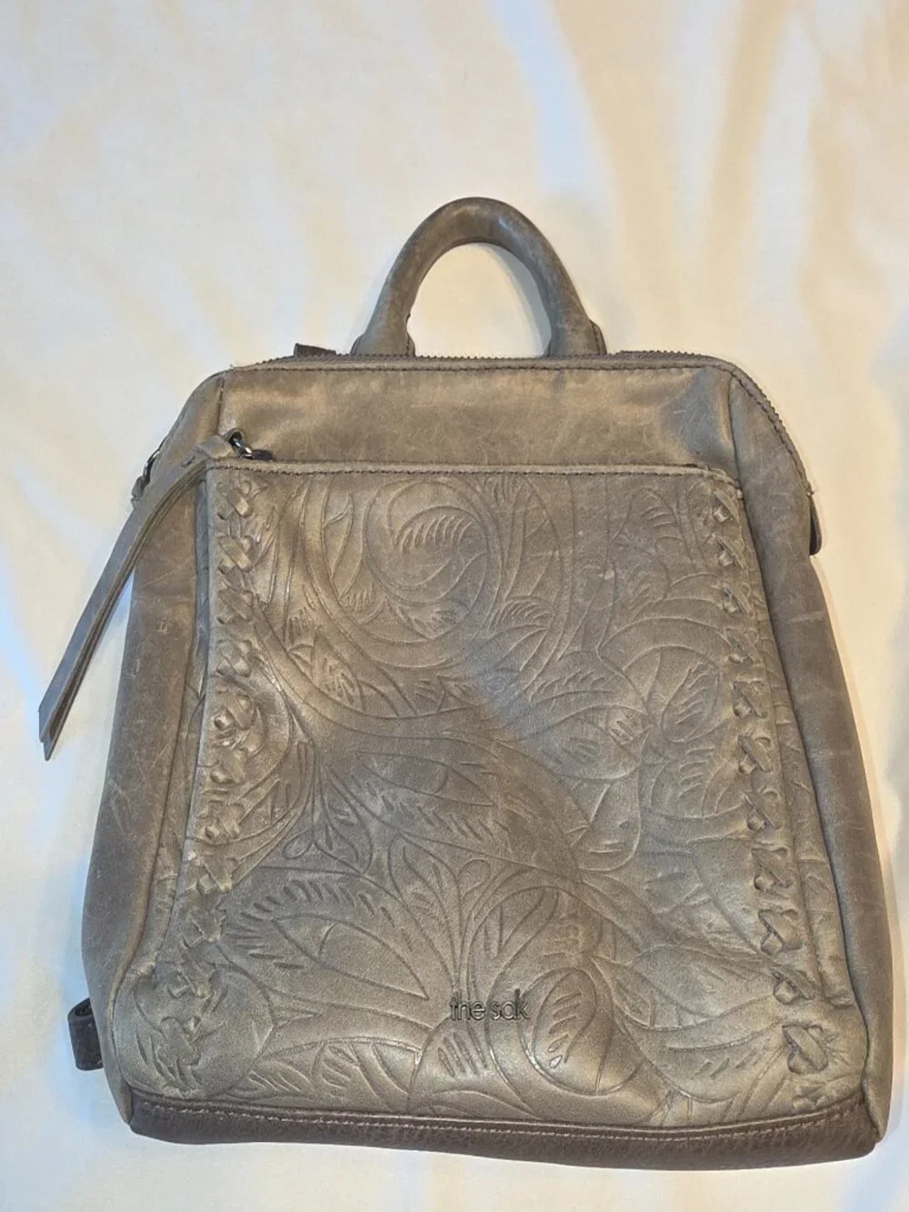 The Sak Loyola Leather Mini Convertible Backpack Floral Embossed Gray Neutral